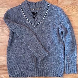 Aqua Gray V-Neck Sweater with Pearl Detail